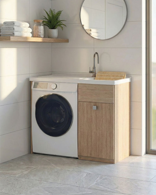 Mobile coprilavatrice Brilla Sx - Con 1 anta e lavatoio Contenitore salvaspazio per bagno e lavanderia - Lavatrice non inclusa - Miscelatore opzionale - 2 varianti colore - 109x93x60 cm - doomostore