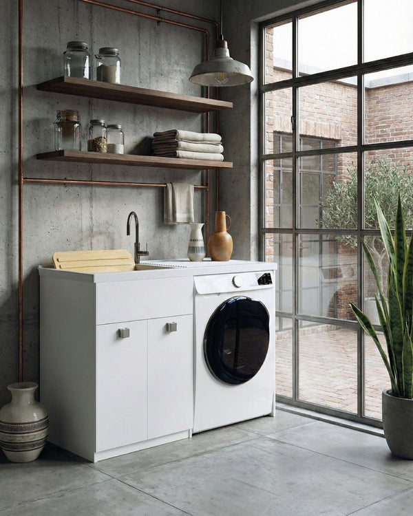 Mobile coprilavatrice Pulsa Dx - Con 2 anta e lavatoio - Contenitore salvaspazio per bagno e lavanderia - Lavatrice non inclusa - Miscelatore opzionale - 2 varianti colore - 122x93x60 cm - doomostore