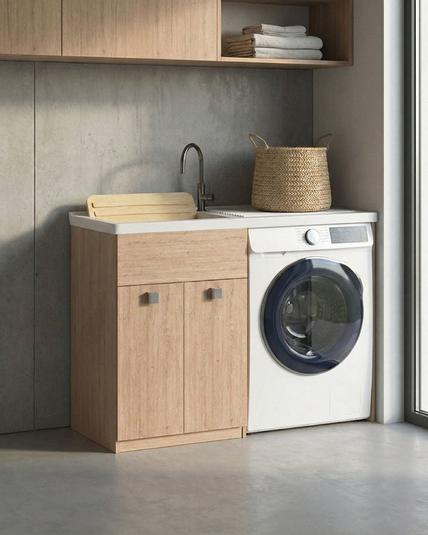 Mobile coprilavatrice Pulsa Dx - Con 2 anta e lavatoio - Contenitore salvaspazio per bagno e lavanderia - Lavatrice non inclusa - Miscelatore opzionale - 2 varianti colore - 122x93x60 cm - doomostore