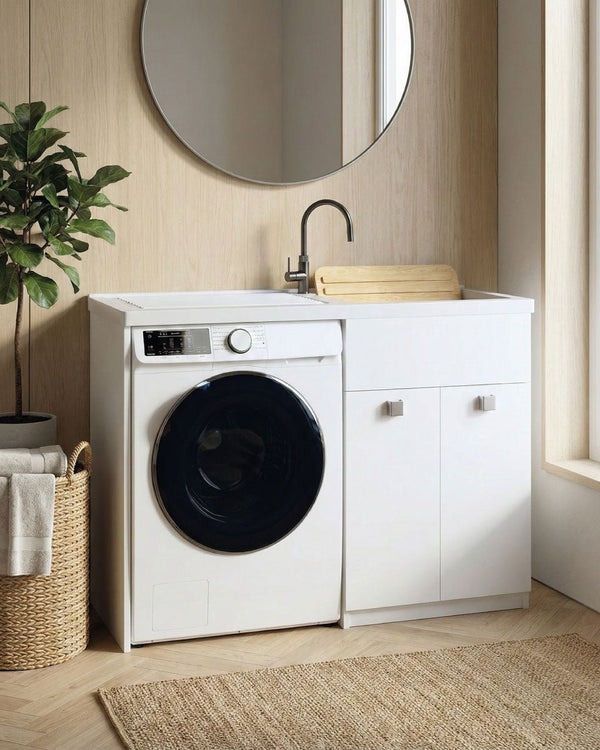 Mobile coprilavatrice Pulsa Sx - Con 2 anta e lavatoio - Contenitore salvaspazio per bagno e lavanderia - Lavatrice non inclusa - Miscelatore opzionale - 2 varianti colore - 124x93x60 cm - doomostore