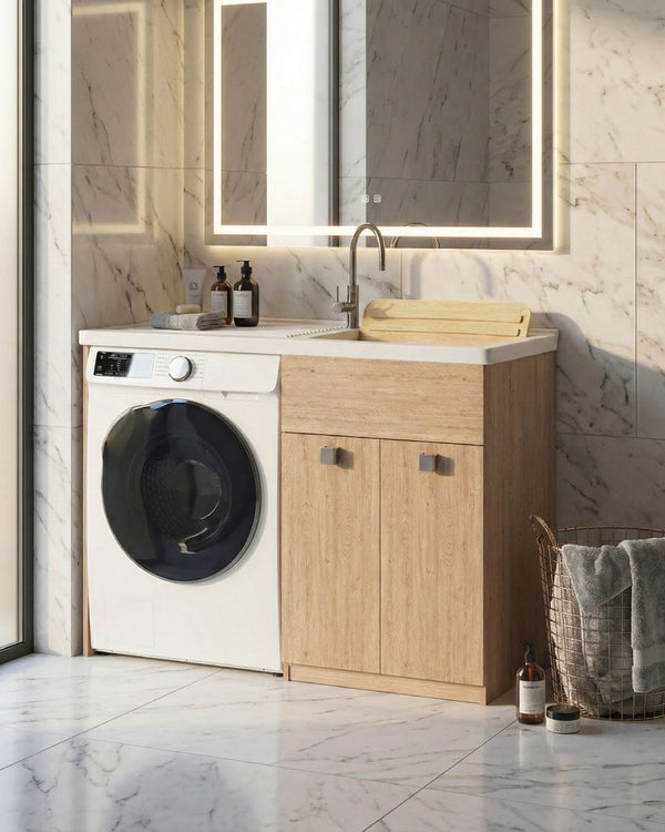 Mobile coprilavatrice Pulsa Sx - Con 2 anta e lavatoio - Contenitore salvaspazio per bagno e lavanderia - Lavatrice non inclusa - Miscelatore opzionale - 2 varianti colore - 124x93x60 cm - doomostore