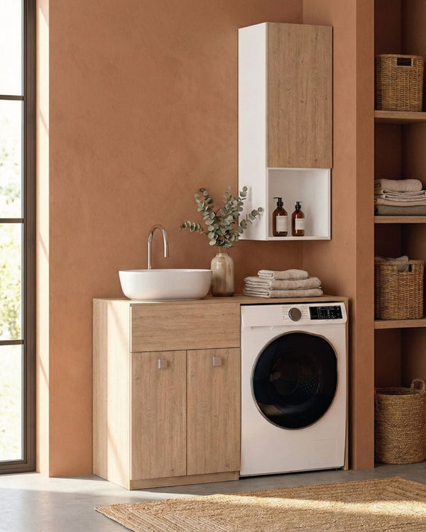 Mobile coprilavatrice Sindy Dx - Contenitore salvaspazio per bagno e lavanderia - Lavatrice non inclusa - Lavandino d'appoggio opzionale - Pensile opzionale - 2 varianti colore - 122x93x60 cm - doomostore