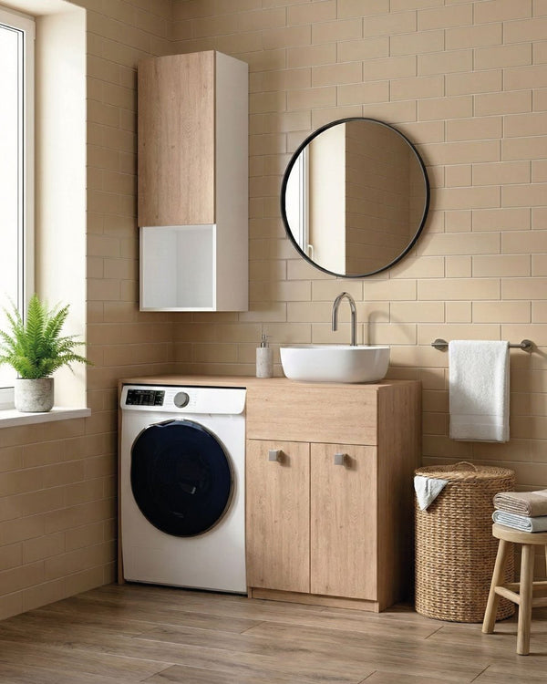 Mobile coprilavatrice Sindy Sx - Contenitore salvaspazio per bagno e lavanderia - Lavatrice non inclusa - Lavandino d'appoggio opzionale - Pensile opzionale - 2 varianti colore - 122x93x60 cm - doomostore