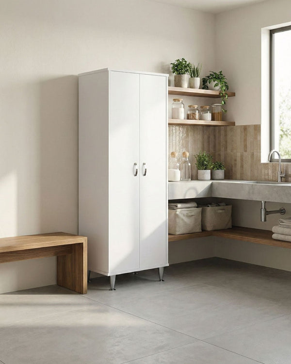 Armadio multiuso Italo 2 ante - Mobile portascopa salvaspazio in resina pvc - 3 ripiani interni e un vano portascope - 60 x 165 x 50 cm - doomostore