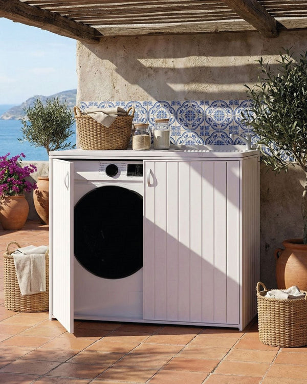Mobile coprilavatrice Candida - Con 2 ante e lavatoio - Contenitore salvaspazio per interni ed esterni in pvc - Lavatrice non inclusa - Miscelatore opzionale - 109 x 94 x 60 cm - doomostore