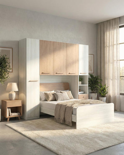 Cameretta a ponte Lavinia - Armadio a ponte salvaspazio - 5 ante 3 cassetti - 7 varianti colore personalizzabili - Letto opzionale singolo/piazza e mezzo - 240 L. x 230 H. x 52 P.