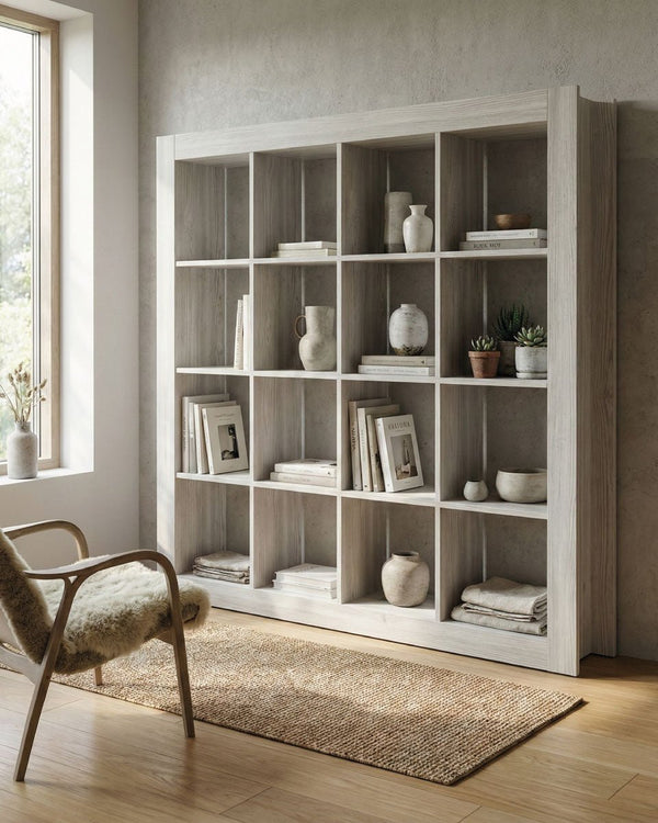 Libreria Oslo betulla - Scaffale a cubi con 16 vani per soggiorno - Struttura anti - ribaltamento - 186x32x186 cm - doomostore