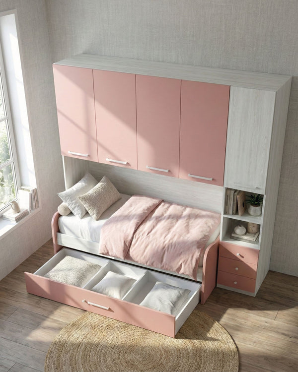 Cameretta a ponte Rebeka - Armadio a ponte salvaspazio - 5 ante 4 cassetti - 7 varianti colore personalizzabili - 247 L. x 230 H. x 50 P. - doomostore