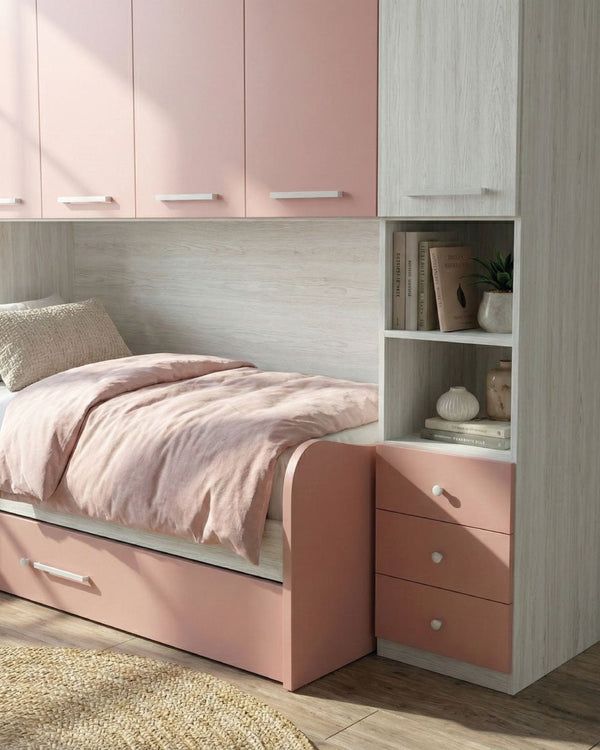 Cameretta a ponte Rebeka - Armadio a ponte salvaspazio - 5 ante 4 cassetti - 7 varianti colore personalizzabili - 247 L. x 230 H. x 50 P. - doomostore