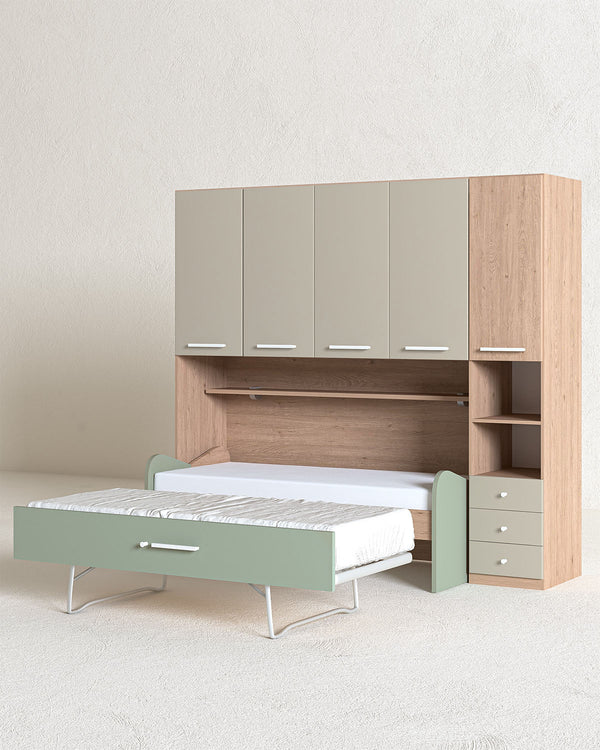 Cameretta a ponte Rebeka - Armadio a ponte salvaspazio - 5 ante 4 cassetti - 7 varianti colore personalizzabili - 247 L. x 230 H. x 50 P. - doomostore