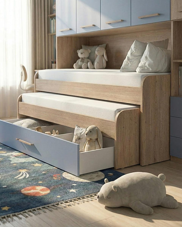 Cameretta a ponte Silvia - Armadio a ponte salvaspazio - 5 ante 2 cassetti - 7 varianti colore personalizzabili - Letto estraibile opzionale - 247 L. x 230 H. x 52 P. - doomostore