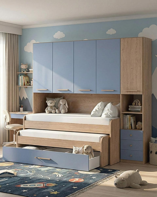 Cameretta a ponte Silvia - Armadio a ponte salvaspazio - 5 ante 2 cassetti - 7 varianti colore personalizzabili - Letto estraibile opzionale - 247 L. x 230 H. x 52 P. - doomostore