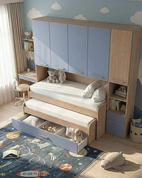 Cameretta a ponte Silvia - Armadio a ponte salvaspazio - 5 ante 2 cassetti - 7 varianti colore personalizzabili - Letto estraibile opzionale - 247 L. x 230 H. x 52 P. - doomostore