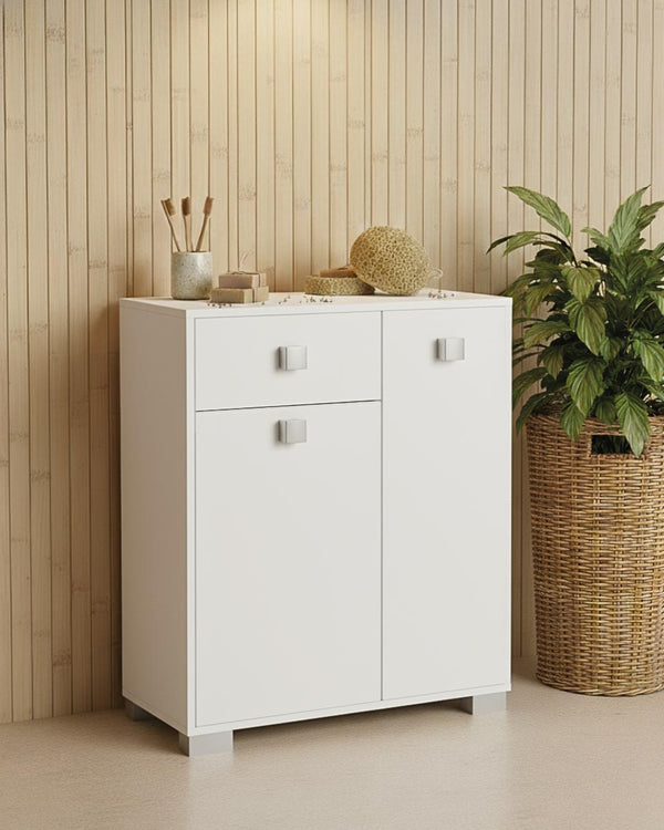 Mobile contenitore Neli - Mobile multiuso 2 ante e 1 cassetto - Struttura bianco - Ripiano regolabile incluso - 46x35x80 cm - doomostore
