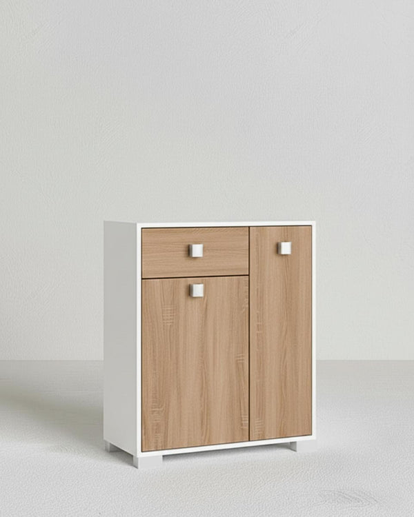 Mobile contenitore Neli - Mobile multiuso 2 ante e 1 cassetto - Struttura bianco e anta virginia - Ripiano regolabile incluso - 46x35x80 cm - doomostore