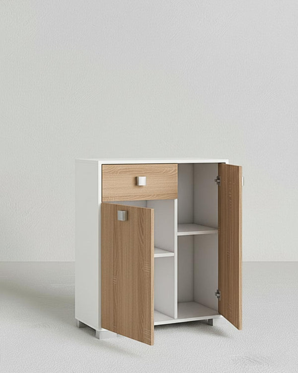 Mobile contenitore Neli - Mobile multiuso 2 ante e 1 cassetto - Struttura bianco e anta virginia - Ripiano regolabile incluso - 46x35x80 cm - doomostore