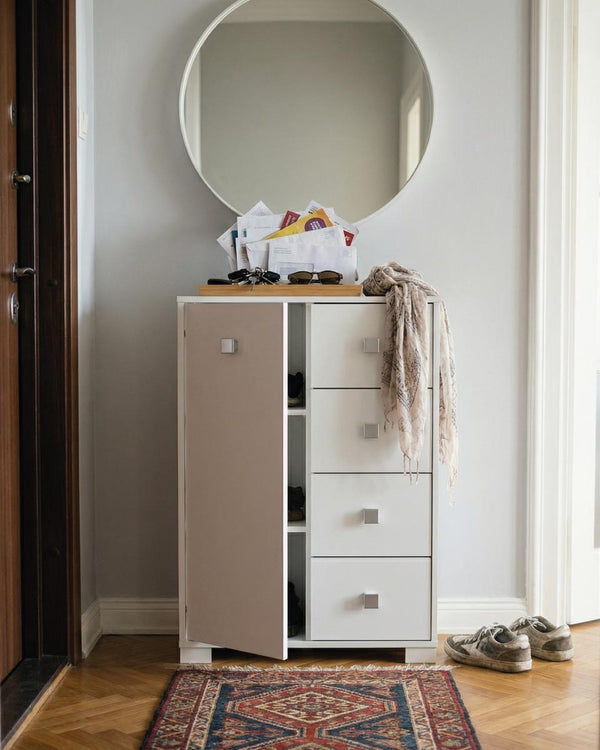 Mobile contenitore Fiore - Mobile multiuso 1 anta e 4 cassetti - Struttura bianco - 2 ripiani regolabile incluso - 75x112x45 cm - doomostore