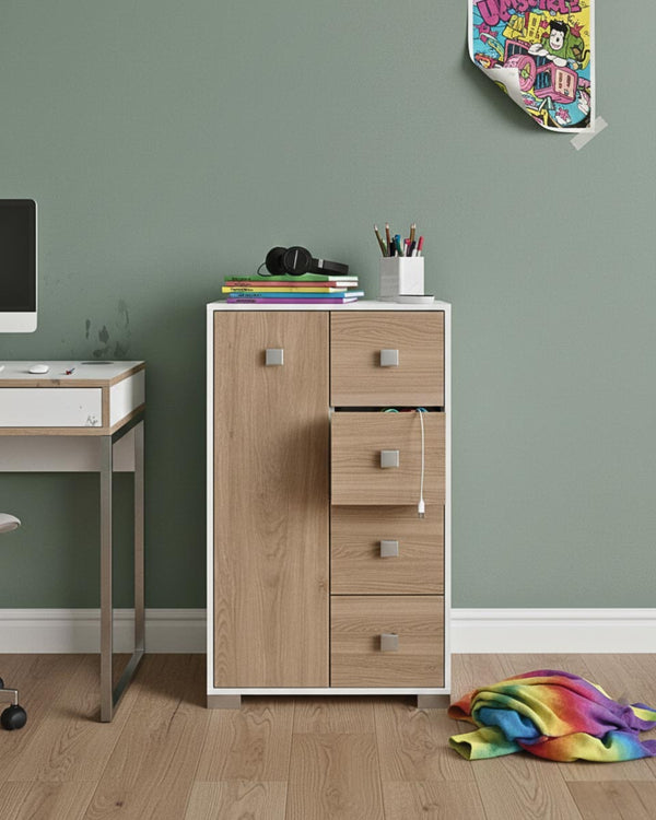 Mobile contenitore Fiore - Mobile multiuso 1 anta e 4 cassetti - Struttura bianco e anta virginia - 2 ripiani regolabile incluso - 75x112x45 cm - doomostore