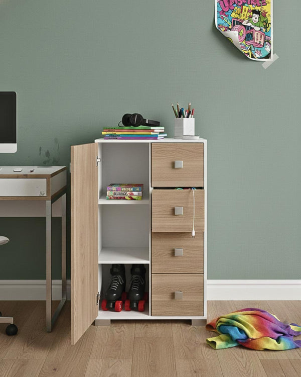 Mobile contenitore Fiore - Mobile multiuso 1 anta e 4 cassetti - Struttura bianco e anta virginia - 2 ripiani regolabile incluso - 75x112x45 cm - doomostore