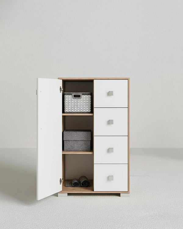 Mobile contenitore Fiore - Mobile multiuso 1 anta e 4 cassetti - Struttura virginia e anta bianca - 2 ripiani regolabile incluso - 75x112x45 cm - doomostore