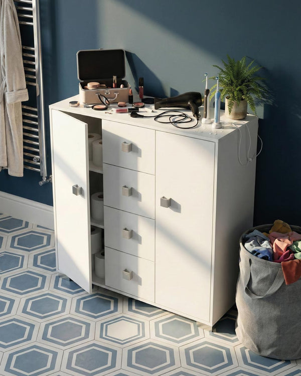 Mobile contenitore Nadia - Mobile multiuso 2 anta e 4 cassetti - Struttura bianca - 4 ripiani regolabile incluso - 110x112x47 cm - doomostore