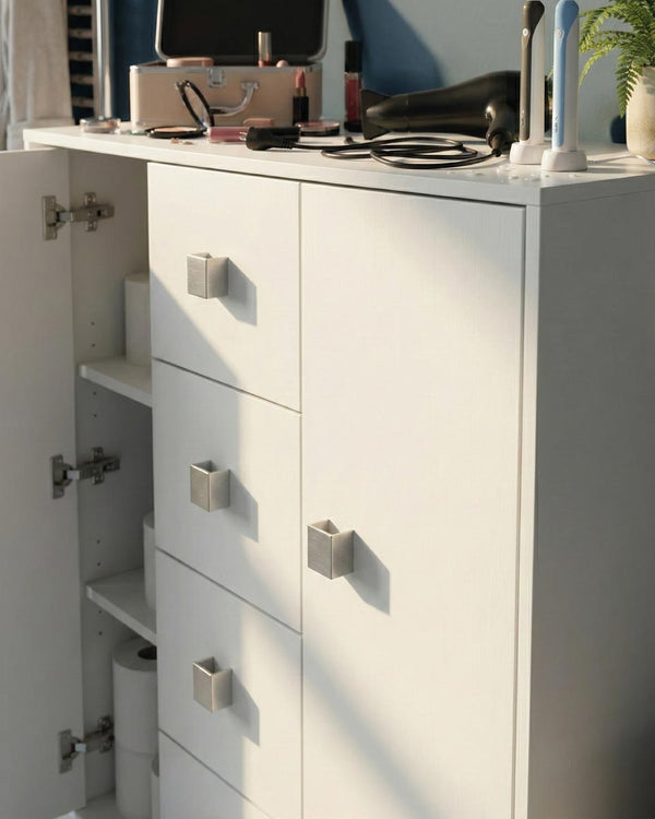 Mobile contenitore Nadia - Mobile multiuso 2 anta e 4 cassetti - Struttura bianca - 4 ripiani regolabile incluso - 110x112x47 cm - doomostore