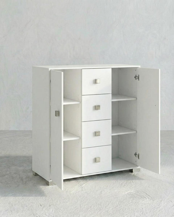 Mobile contenitore Nadia - Mobile multiuso 2 anta e 4 cassetti - Struttura bianca - 4 ripiani regolabile incluso - 110x112x47 cm - doomostore