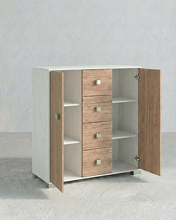 Mobile contenitore Nadia - Mobile multiuso 2 anta e 4 cassetti - Struttura bianca e ante virginia - 4 ripiani regolabile incluso - 110x112x47 cm - doomostore