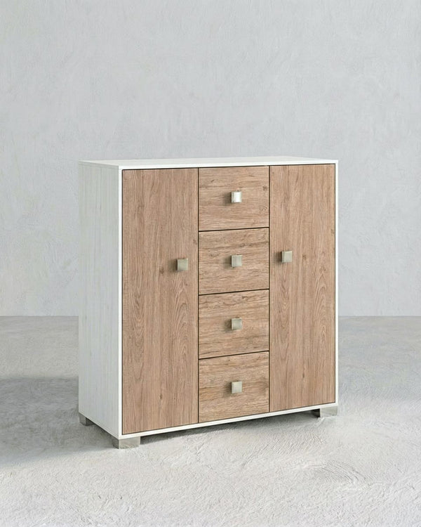 Mobile contenitore Nadia - Mobile multiuso 2 anta e 4 cassetti - Struttura bianca e ante virginia - 4 ripiani regolabile incluso - 110x112x47 cm - doomostore