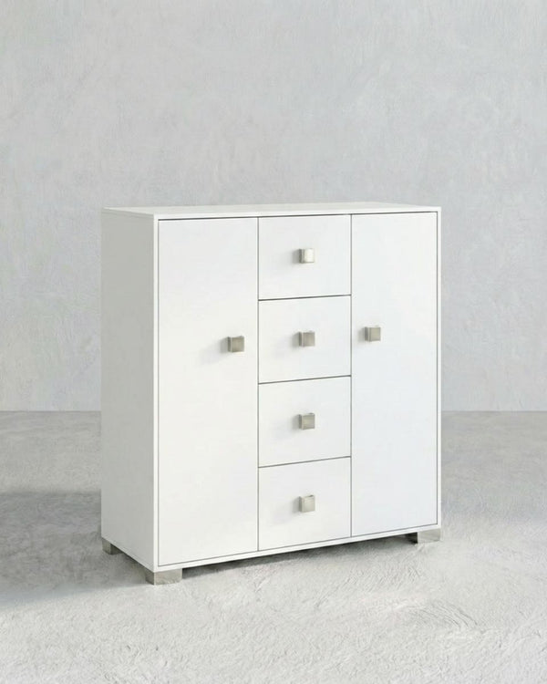 Mobile contenitore Nadia - Mobile multiuso 2 anta e 4 cassetti - Struttura bianca - 4 ripiani regolabile incluso - 110x112x47 cm - doomostore