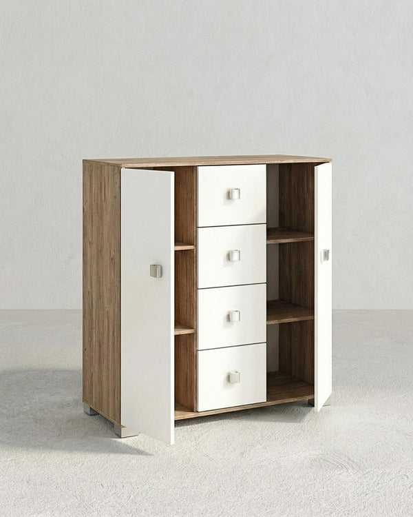 Mobile contenitore Nadia - Mobile multiuso 2 anta e 4 cassetti - Struttura virginia e ante bianca - 4 ripiani regolabile incluso - 110x112x47 cm - doomostore