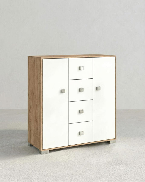 Mobile contenitore Nadia - Mobile multiuso 2 anta e 4 cassetti - Struttura virginia e ante bianca - 4 ripiani regolabile incluso - 110x112x47 cm - doomostore