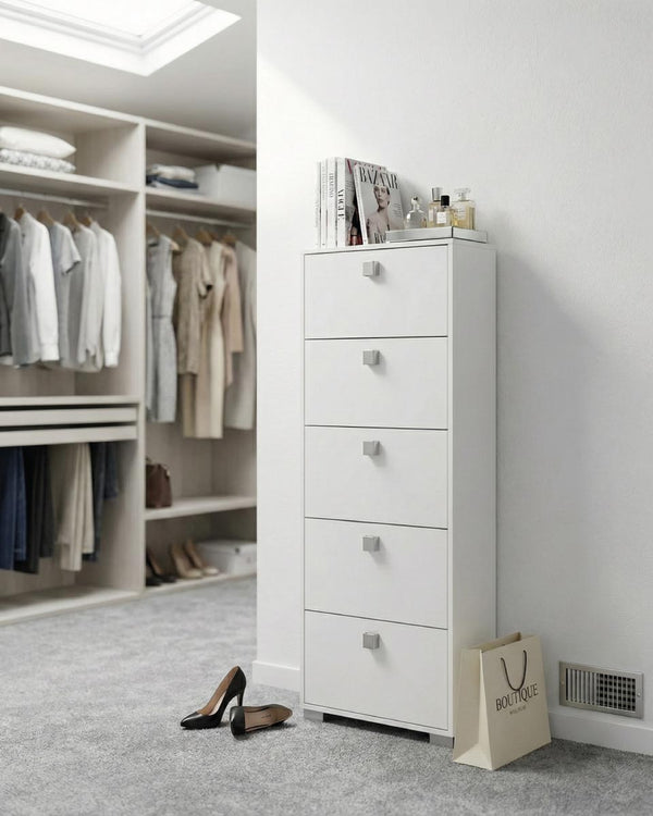 Scarpiera Ornella - 5 ante a ribalta – Mobile portascarpe compatto bianco - 65x185x18 cm - 15 paia - doomostore