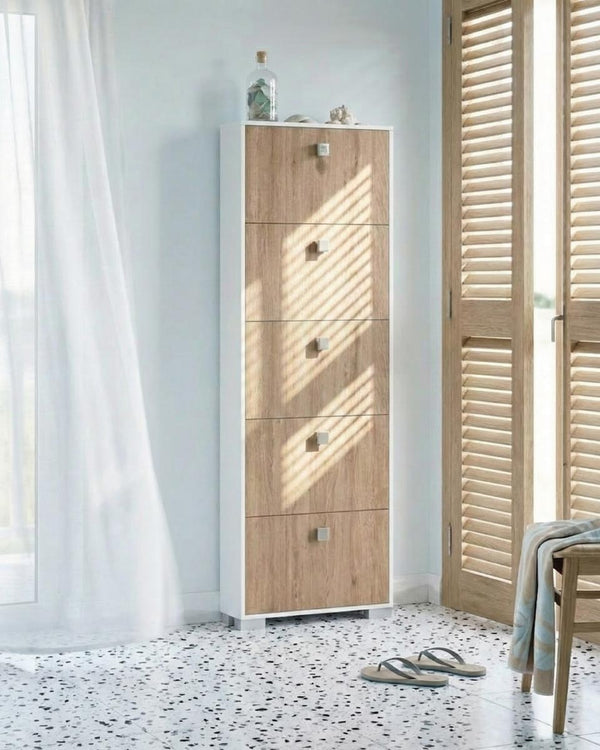 Scarpiera Ornella - 5 ante a ribalta – Mobile portascarpe compatto bianco con ante virginia - 65x185x18 cm - 15 paia - doomostore