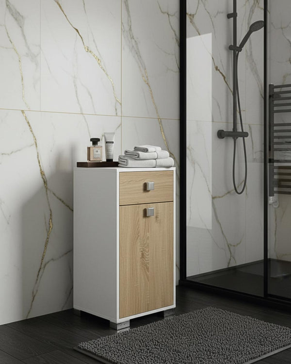 Mobile contenitore Lena - Mobile bagno multiuso 1 anta e 1 cassetto - Struttura bianca e anta virginia - Ripiano regolabile incluso - 46x35x80 cm - doomostore