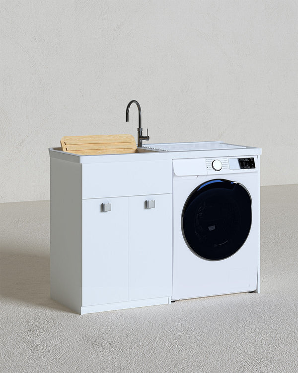 Mobile coprilavatrice Pulsa Dx - Con 2 anta e lavatoio - Contenitore salvaspazio per bagno e lavanderia - Lavatrice non inclusa - Miscelatore opzionale - 2 varianti colore - 122x93x60 cm - doomostore