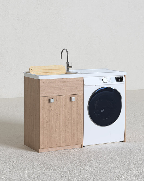Mobile coprilavatrice Pulsa Dx - Con 2 anta e lavatoio - Contenitore salvaspazio per bagno e lavanderia - Lavatrice non inclusa - Miscelatore opzionale - 2 varianti colore - 122x93x60 cm - doomostore