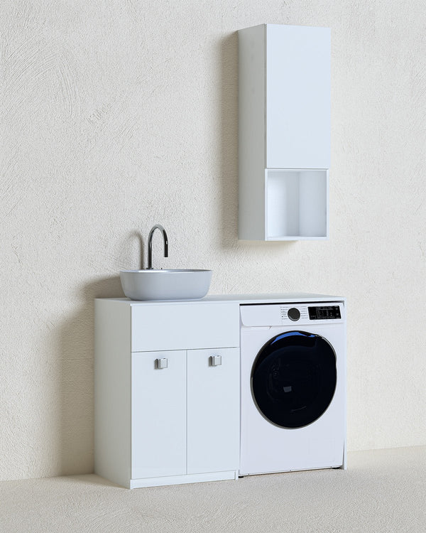 Mobile coprilavatrice Sindy Dx - Contenitore salvaspazio per bagno e lavanderia - Lavatrice non inclusa - Lavandino d'appoggio opzionale - Pensile opzionale - 2 varianti colore - 122x93x60 cm - doomostore