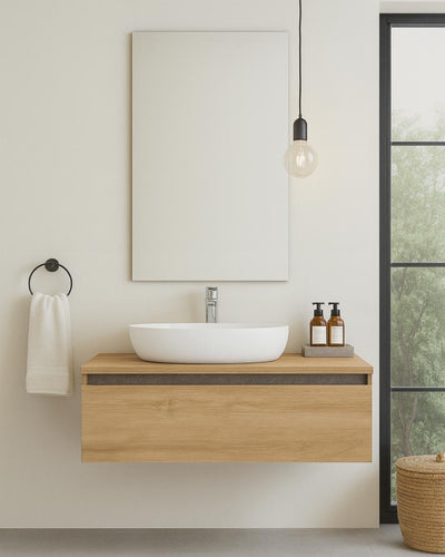Mobile bagno Elyo - Mobile sospeso 80cm - Rovere di bordeaux - Con lavabo ceramica e specchio - Cassetto soft-close