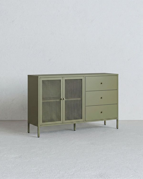 Madia Trama COMBO - Oliva - Credenza Moderna in metallo verniciato - 2 Ante 3 Cassetti - doomostore