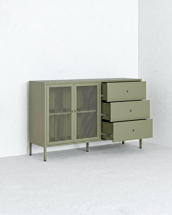 Madia Trama COMBO - Oliva - Credenza Moderna in metallo verniciato - 2 Ante 3 Cassetti - doomostore