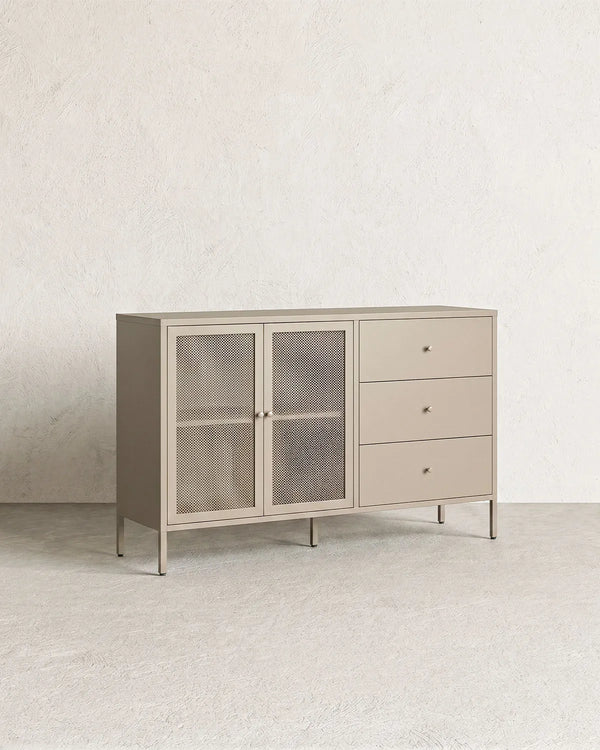 Madia Trama COMBO - Tortora - Credenza Moderna in metallo verniciato - 2 Ante 3 Cassetti - doomostore