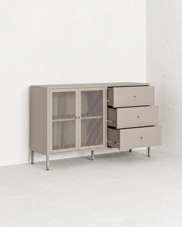 Madia Trama COMBO - Tortora - Credenza Moderna in metallo verniciato - 2 Ante 3 Cassetti - doomostore