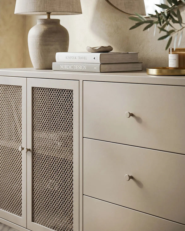 Madia Trama COMBO - Tortora - Credenza Moderna in metallo verniciato - 2 Ante 3 Cassetti - doomostore