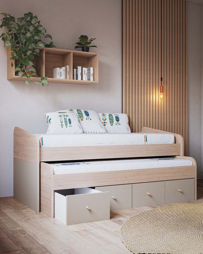 Letto attrezzato Flip - Letto salvaspazio moderno per cameretta - Letto inferiore e 4 vani cassetti inferiori - 7 varianti colore personalizzabili - Rete a doghe inclusa