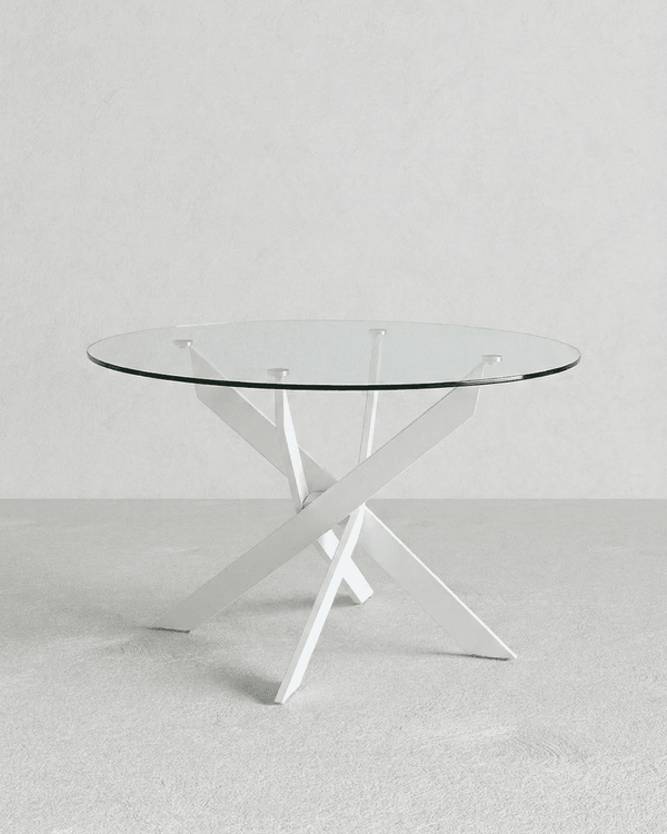 Tavolo Raffy - Tavolo rotondo per soggiorno e sala da pranzo - Design minimal moderno - Ø120 x H. 76 cm - Trasparente con gambe in metallo bianco - doomostore