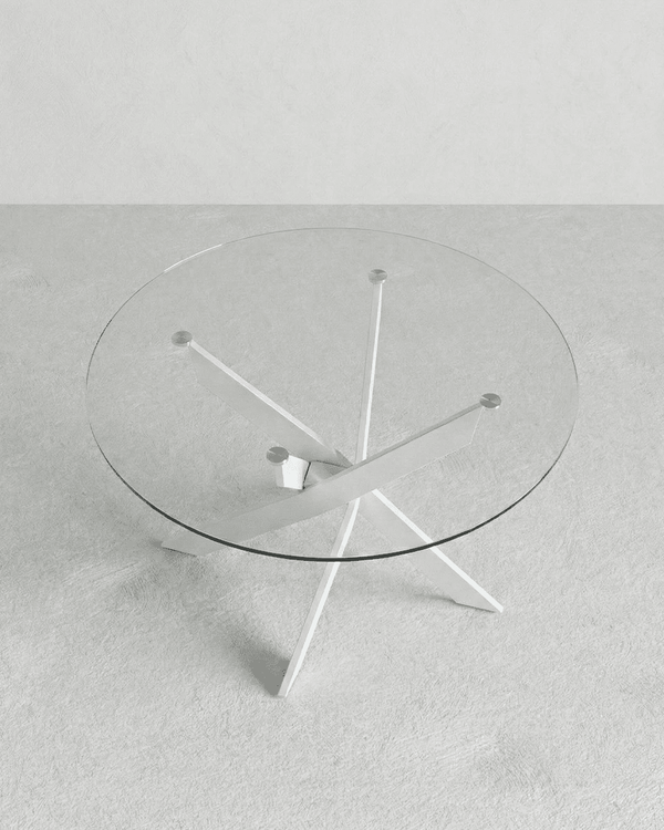 Tavolo Raffy - Tavolo rotondo per soggiorno e sala da pranzo - Design minimal moderno - Ø120 x H. 76 cm - Trasparente con gambe in metallo bianco - doomostore