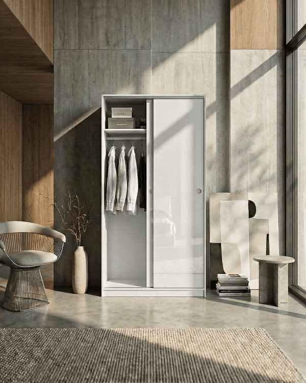 Armadio Cordova - Guardaroba scorrevole moderno - 2 ante - Struttura bianca lucida - 1 ripiano incluso - L. 100 x H. 204 x P. 50 cm - doomostore