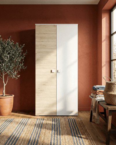 Armadio Bilbao - Guardaroba moderno - 2 ante - Struttura bianca/olmo - 4 ripiani inclusi - 90 x 205 x 52 cm