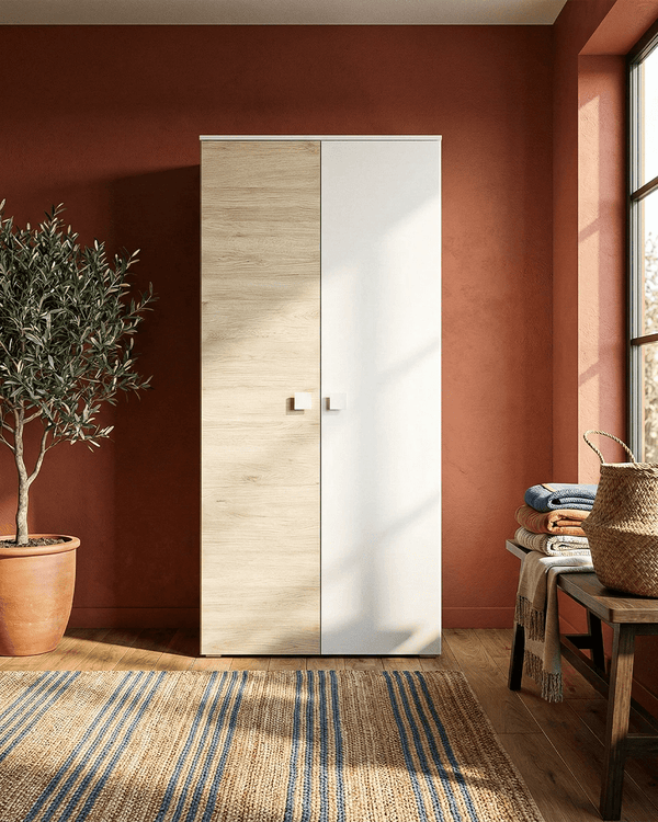 Armadio Bilbao - Guardaroba moderno - 2 ante - Struttura bianca/olmo - 4 ripiani inclusi - 90 x 205 x 52 cm - doomostore